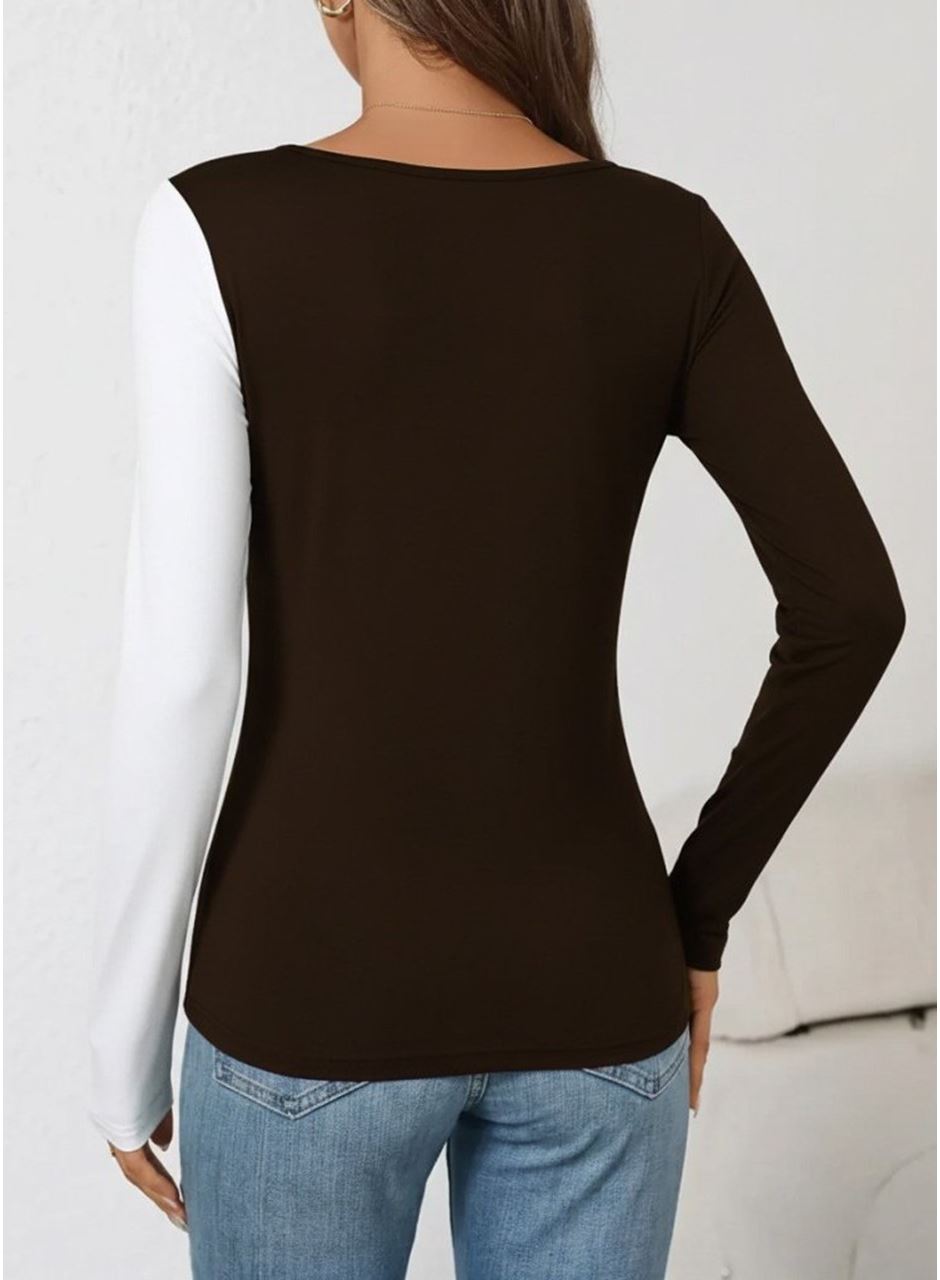 Kadın Uzun Kollu Geometrik Yaka Detaylı çift Renkli Viskon Bluz