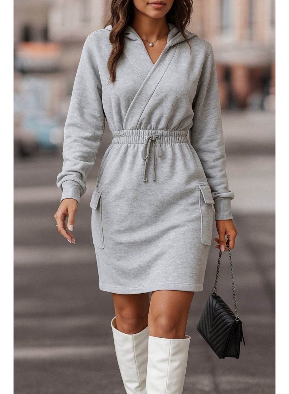 Kadın Uzun Kollu V Yakalı Kapşonlu Cep Detaylı şardonlu Iki Iplik Kısa Elbise