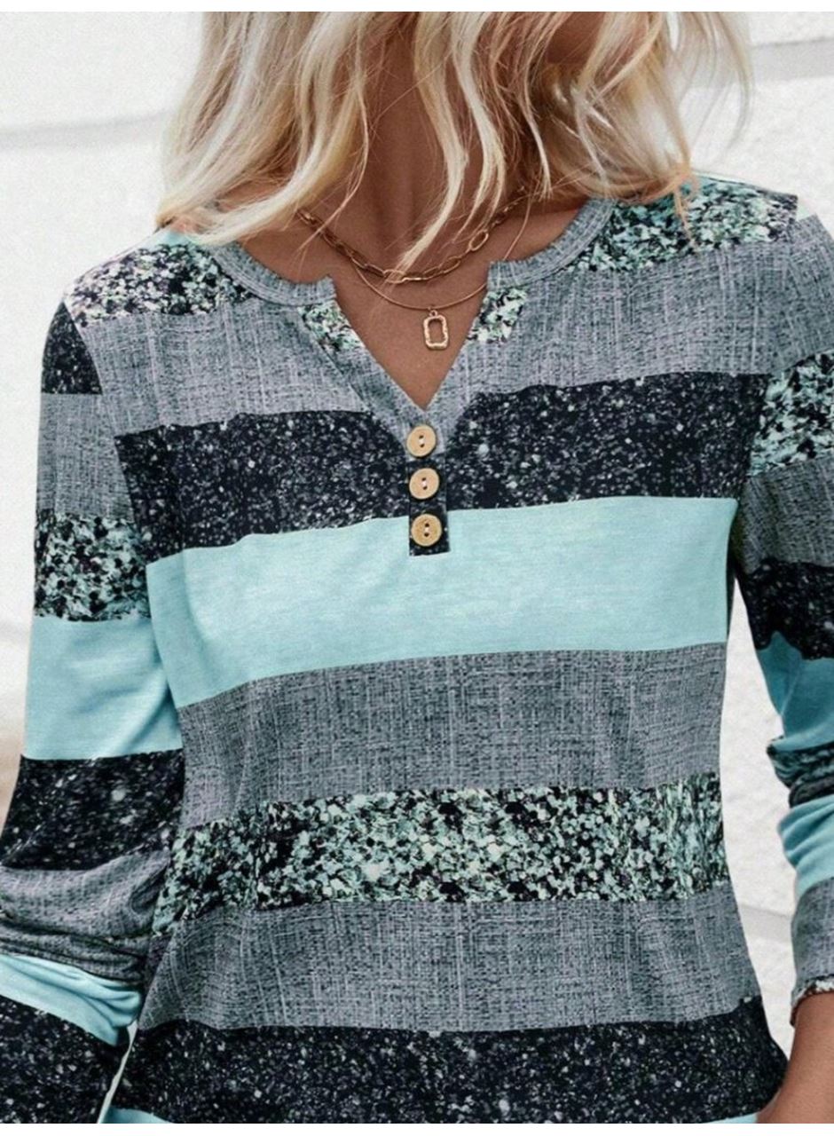 Kadın Uzun Kollu Yakadan Düğmeli çizgili Desenli Süprem Bluz