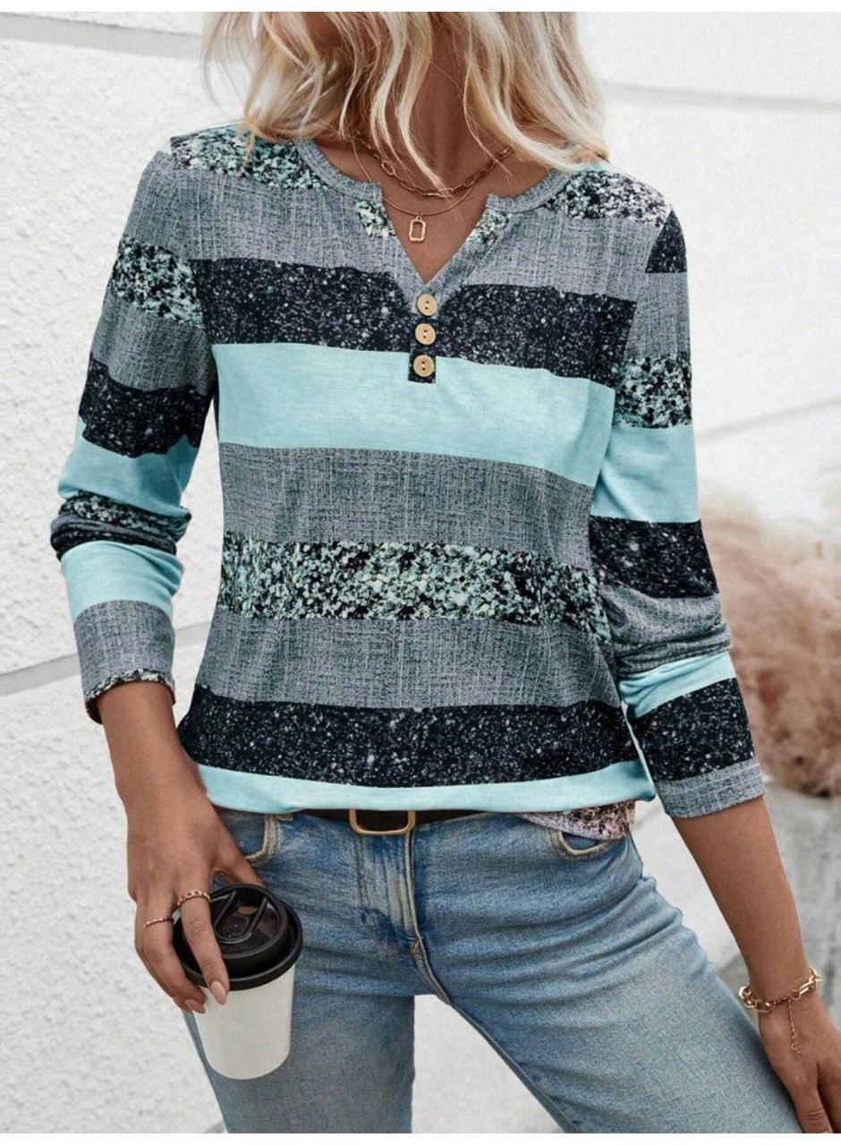 Kadın Uzun Kollu Yakadan Düğmeli çizgili Desenli Süprem Bluz