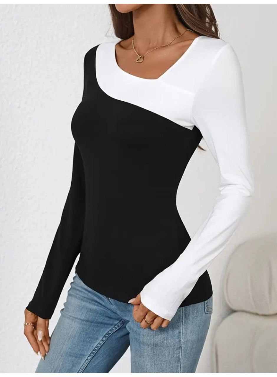 Kadın Uzun Kollu Geometrik Yaka Detaylı çift Renkli Viskon Bluz