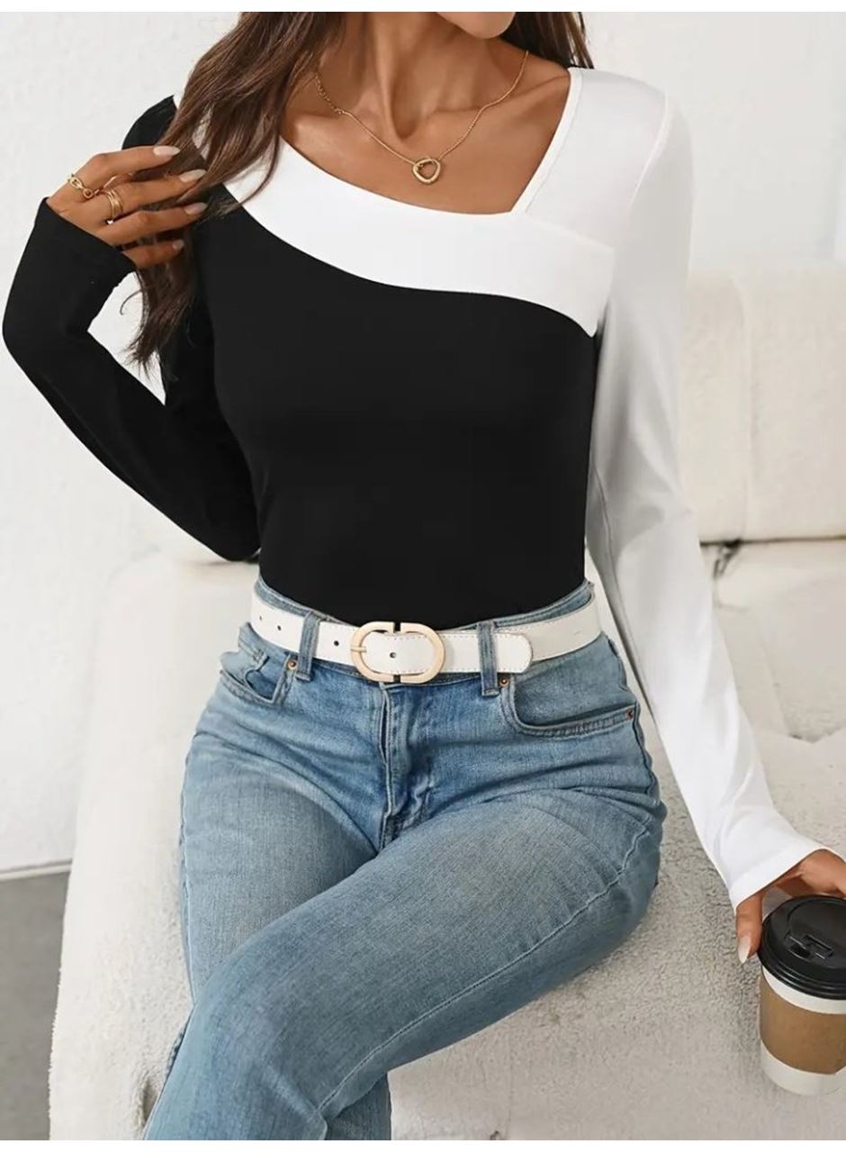 Kadın Uzun Kollu Geometrik Yaka Detaylı çift Renkli Viskon Bluz