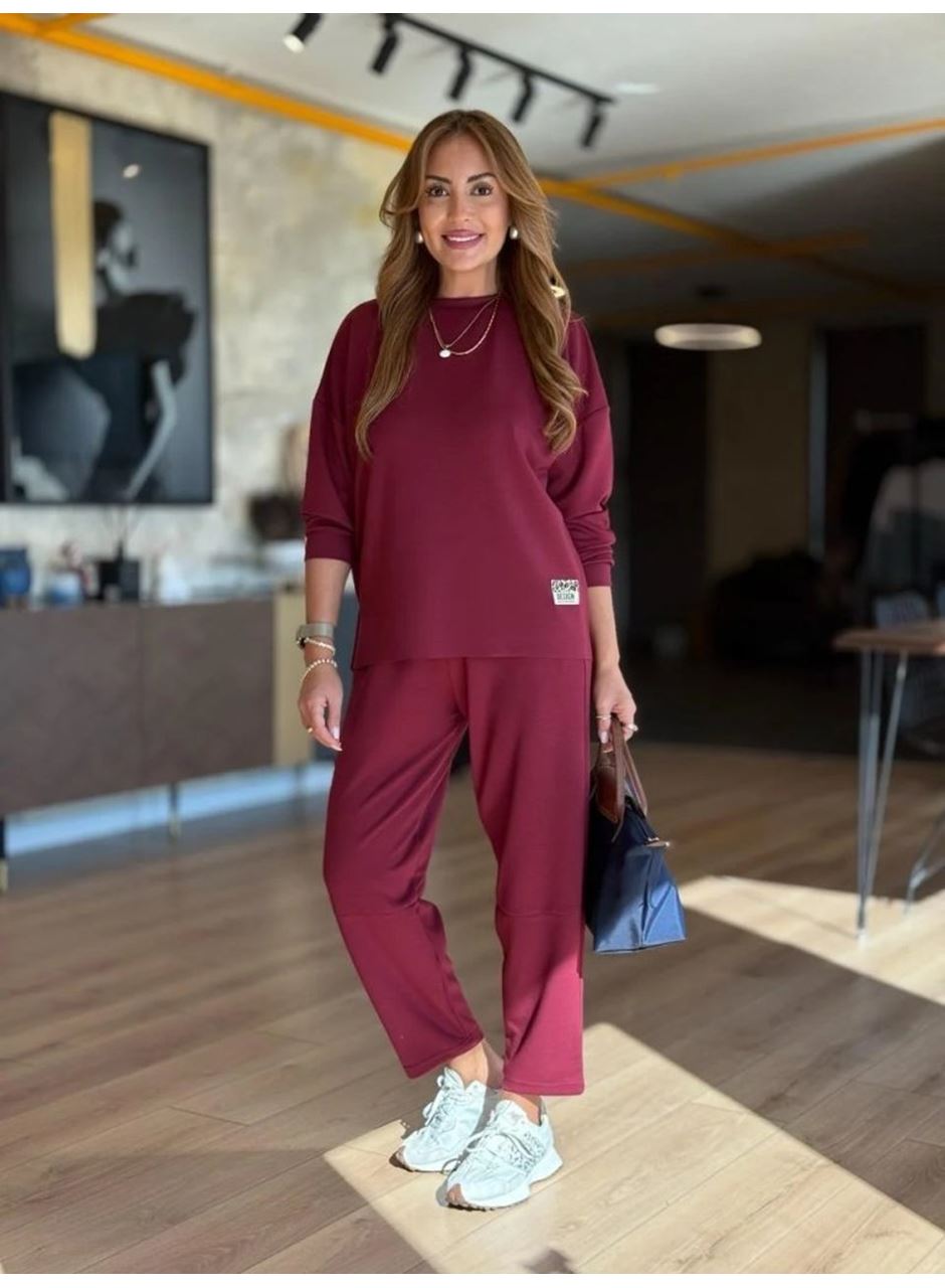 Kadın Uzun Kollu Bisiklet Yaka Viskon Iki Iplik Bluz Ve Pantolon Ikili Takım