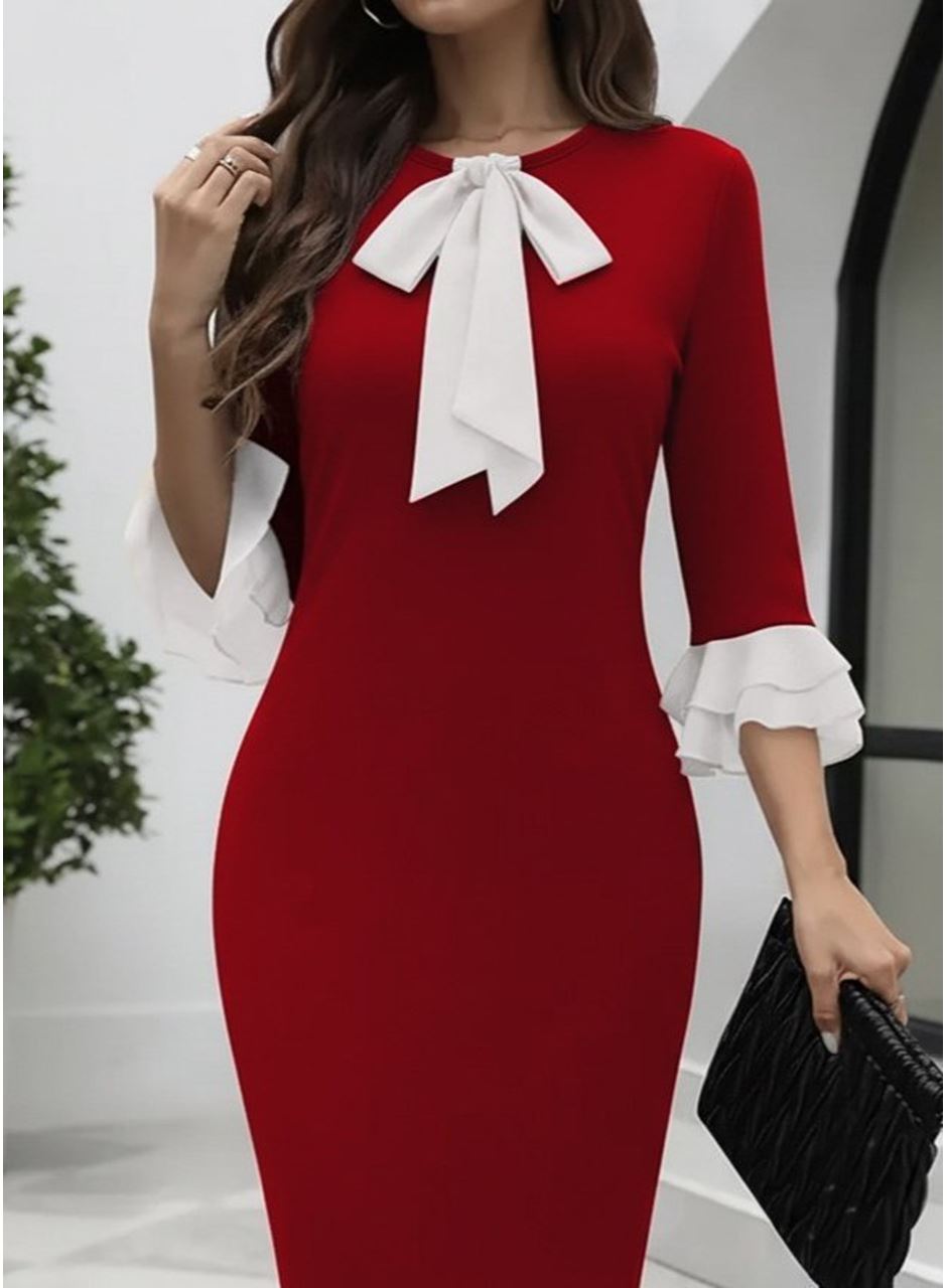 Kadın Truvakar Kollu Fiyonk Yakalı Midi Ithal Krep Elbise