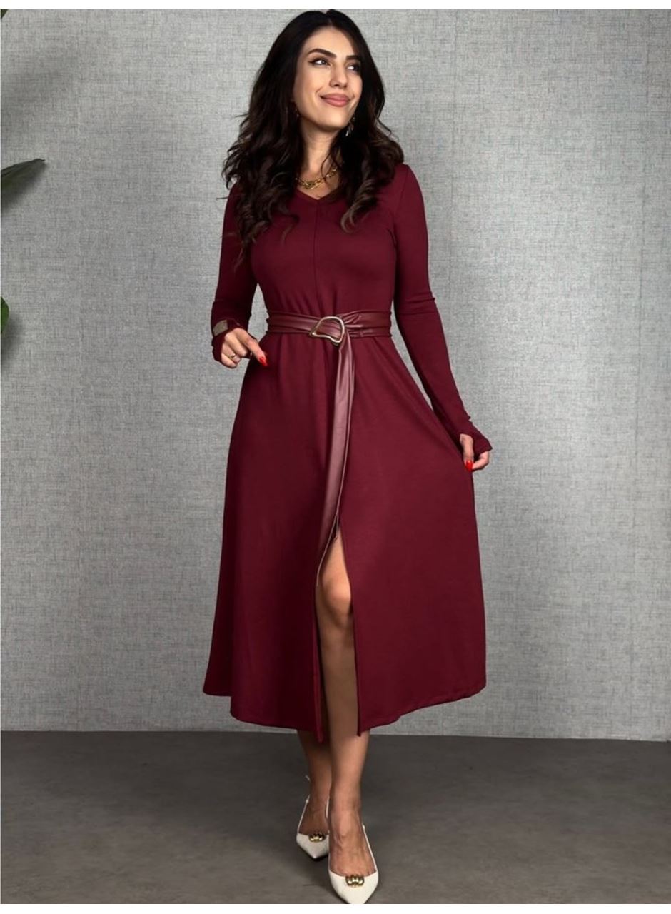 Kadın Uzun Kollu Yakalı Belden Deri Detaylı Kuşaklı Yırtmaçlı Midi Viskon Iki Iplik Elbise