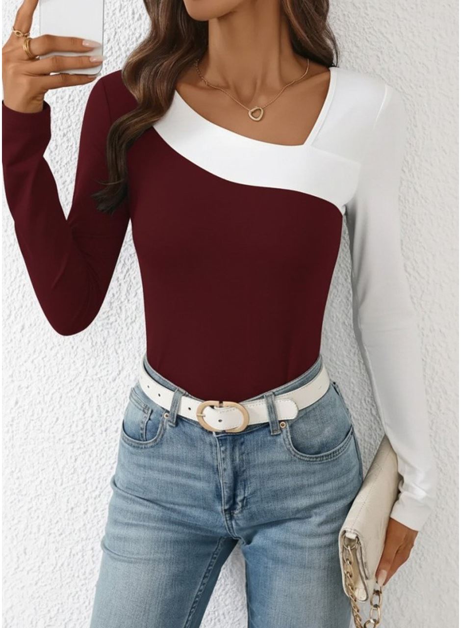 Kadın Uzun Kollu Geometrik Yaka Detaylı çift Renkli Viskon Bluz