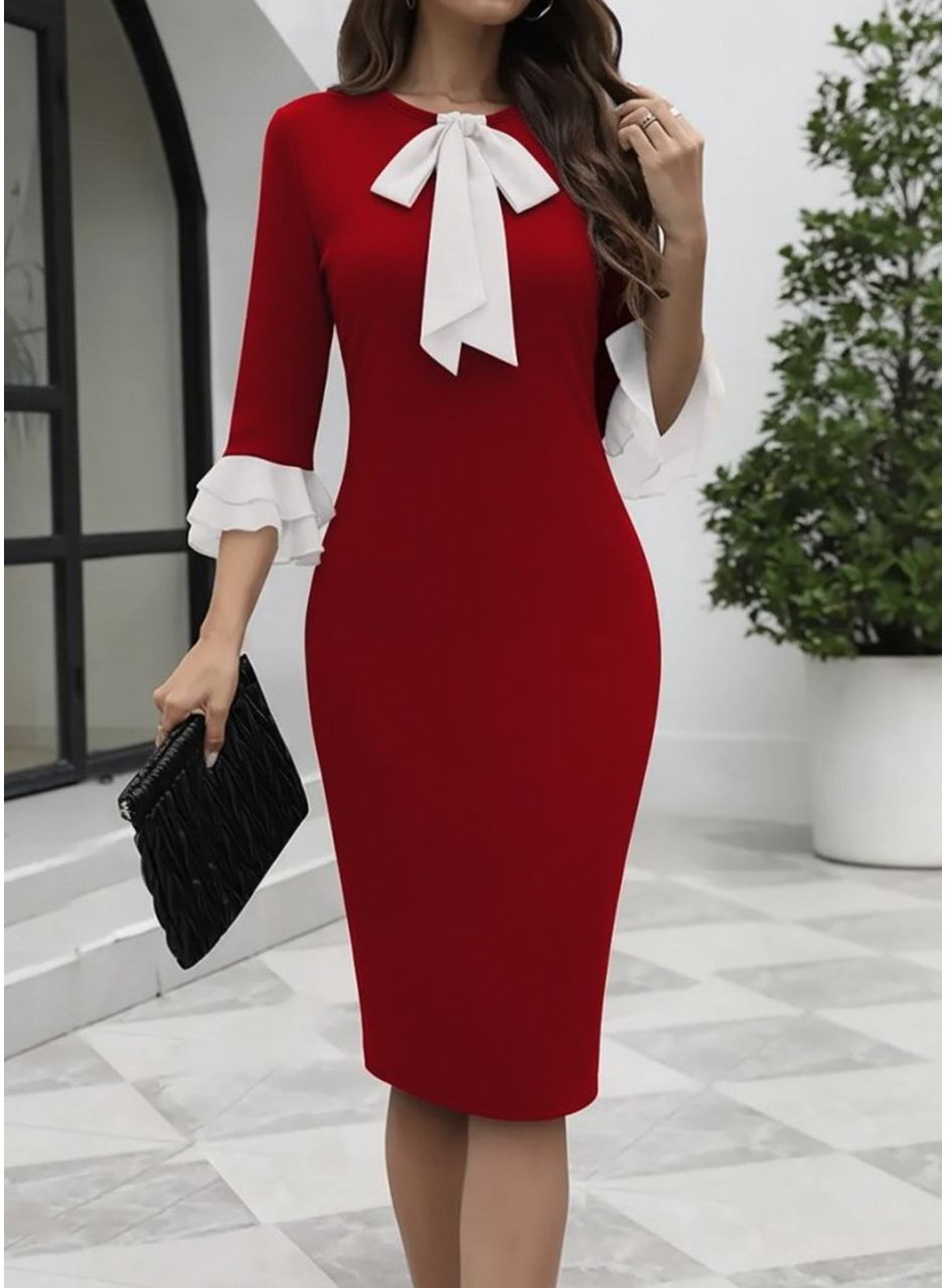 Kadın Truvakar Kollu Fiyonk Yakalı Midi Ithal Krep Elbise