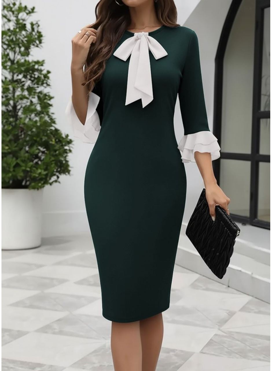 Kadın Truvakar Kollu Fiyonk Yakalı Midi Ithal Krep Elbise