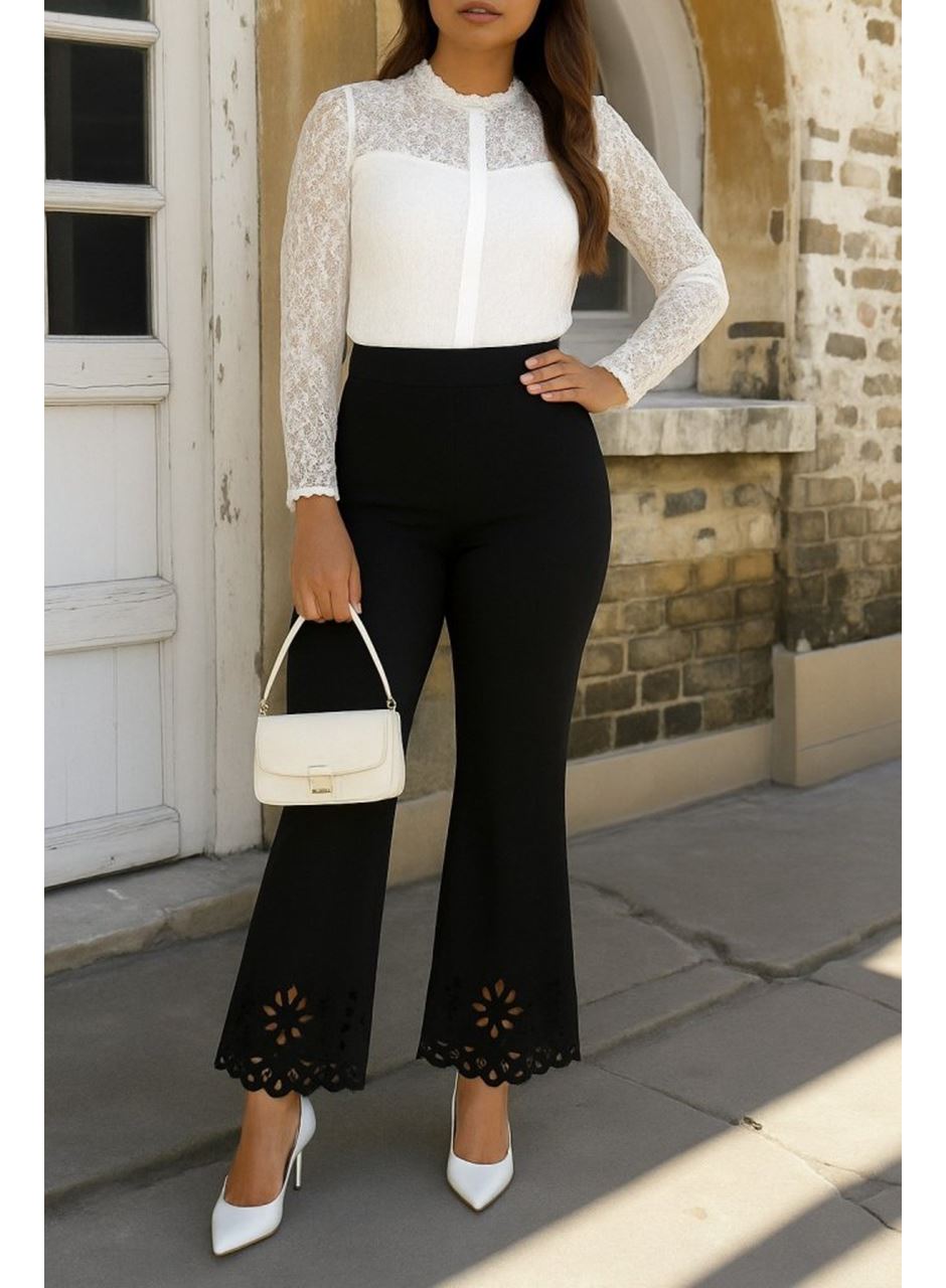 Kadın Yüksek Bel Paçaya Doğru Genişleyen Lazer çiçek Kesim Detaylı Ithal Krep Pantolon