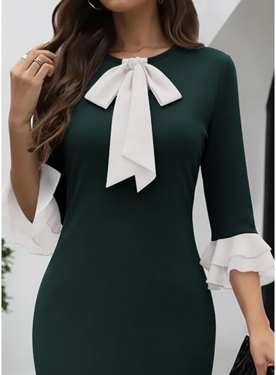 Kadın Truvakar Kollu Fiyonk Yakalı Midi Ithal Krep Elbise