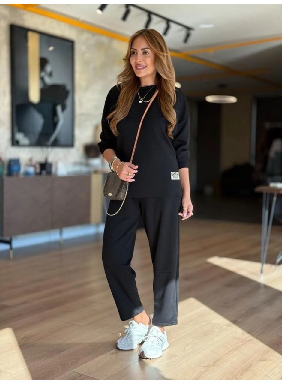 Kadın Uzun Kollu Bisiklet Yaka Viskon Iki Iplik Bluz Ve Pantolon Ikili Takım