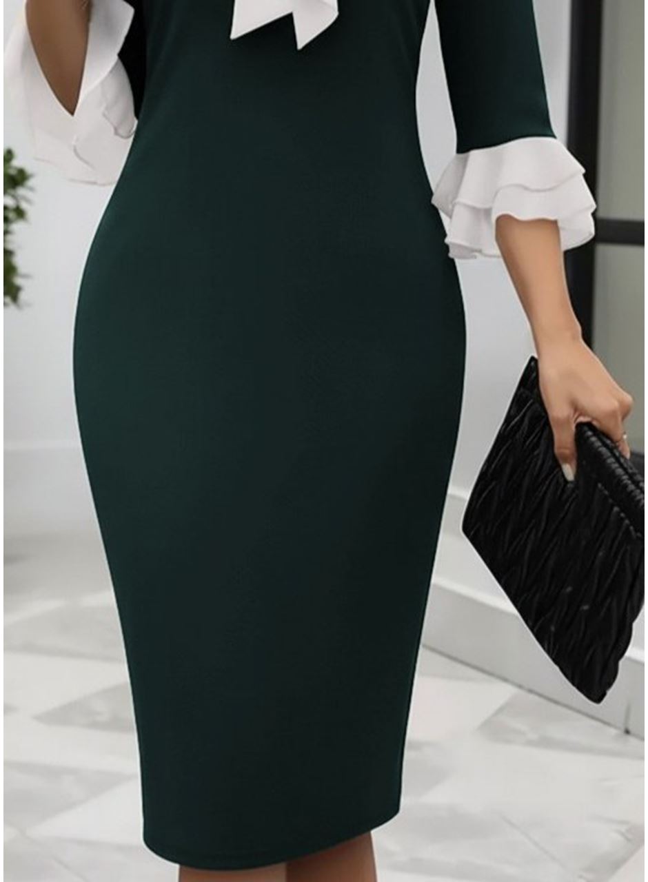 Kadın Truvakar Kollu Fiyonk Yakalı Midi Ithal Krep Elbise