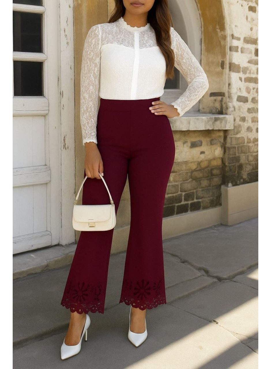 Kadın Yüksek Bel Paçaya Doğru Genişleyen Lazer çiçek Kesim Detaylı Ithal Krep Pantolon