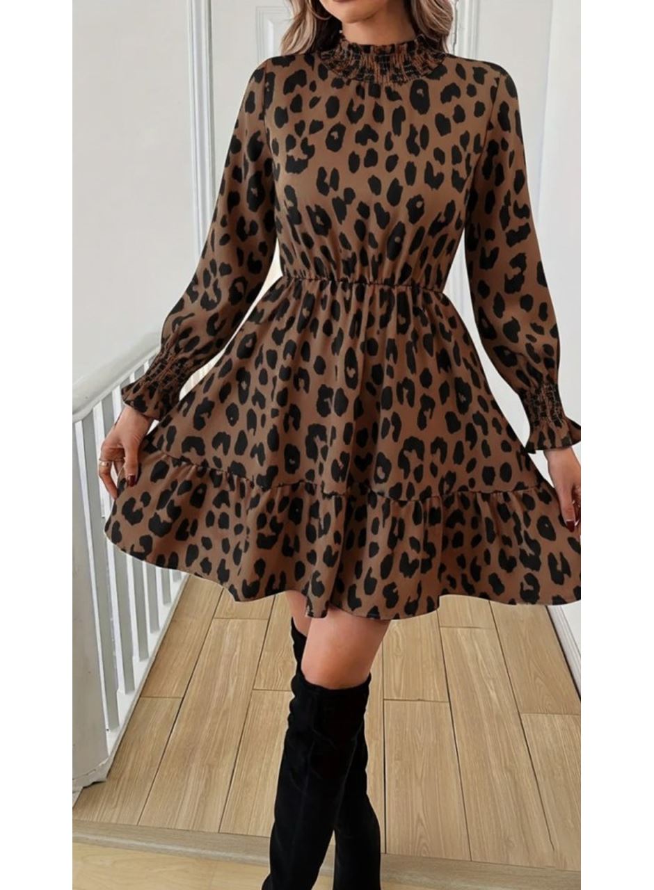 Kadın Uzun Kollu Yarı Balıkçı Yaka Leopar Desenli Modal Mini Elbise