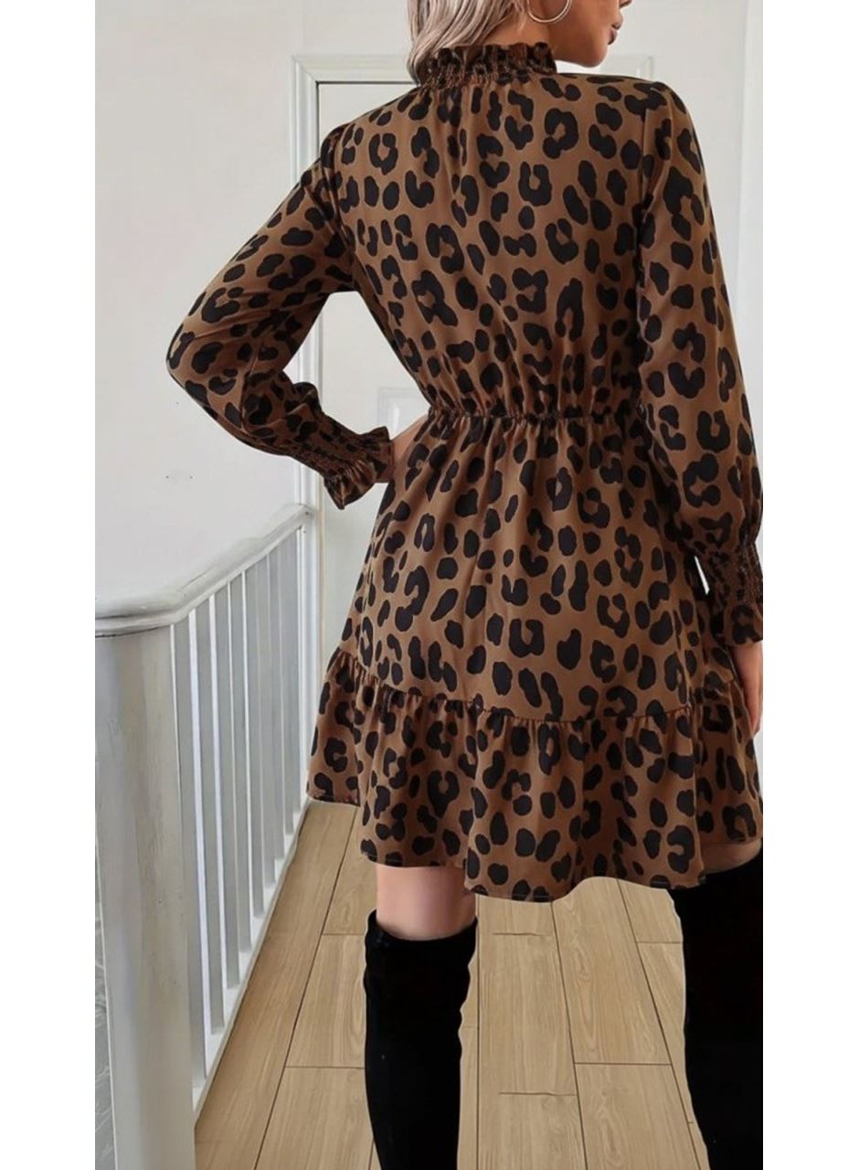 Kadın Uzun Kollu Yarı Balıkçı Yaka Leopar Desenli Modal Mini Elbise