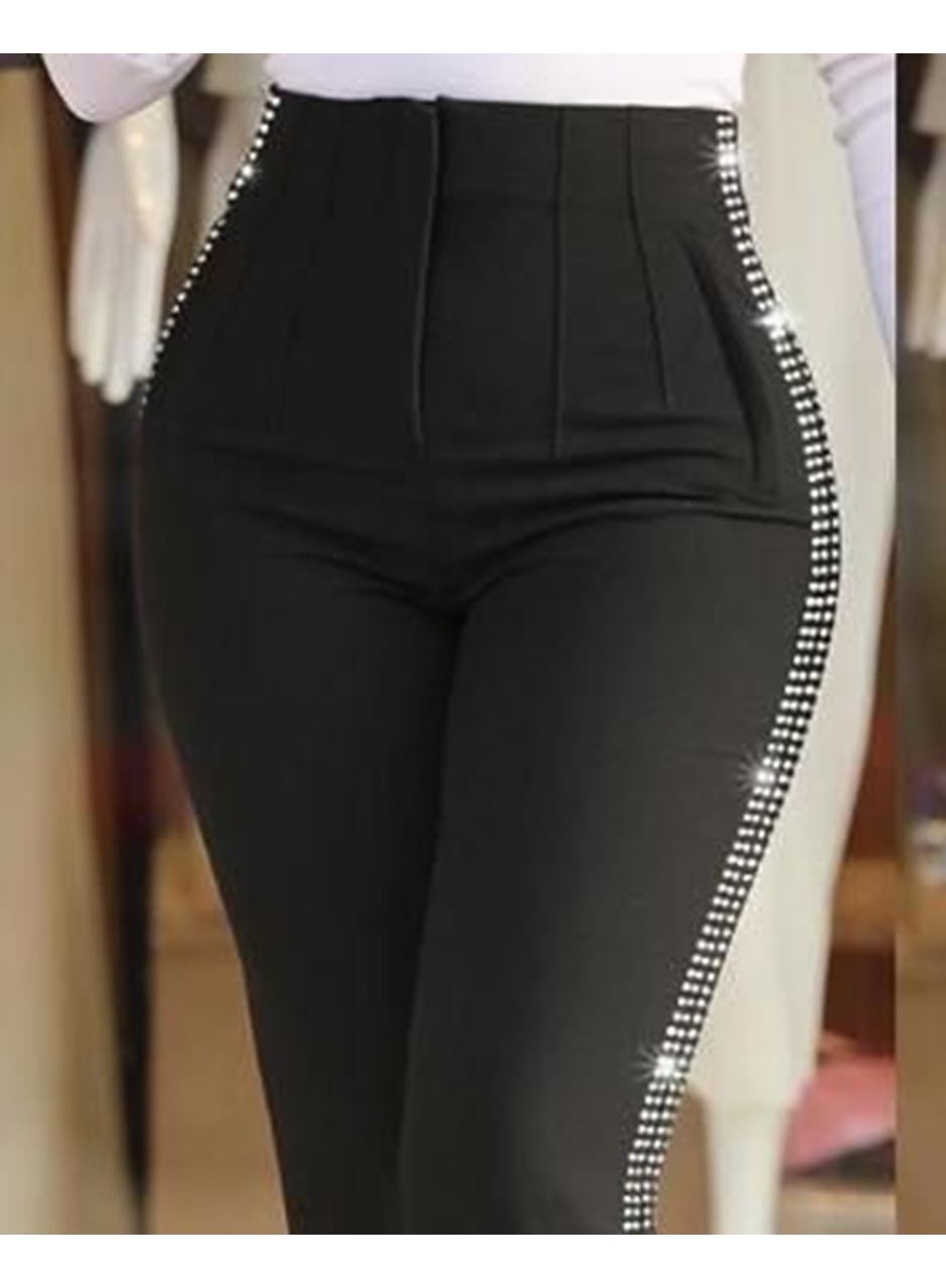 Kadın Yüksek Bel Yanlardan Taş Detaylı Ithal Krep Pantolon