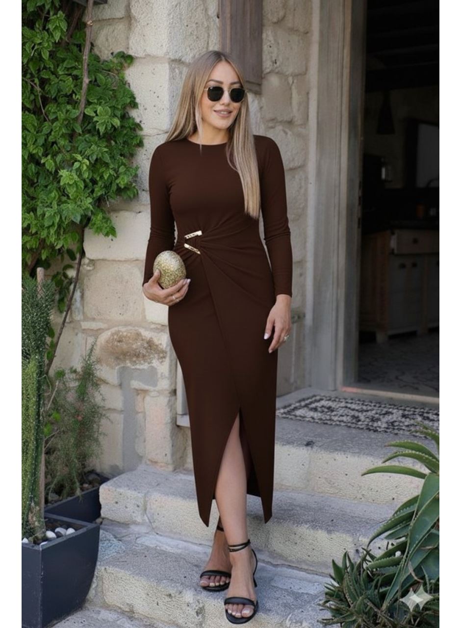 Kadın Uzun Kollu önden çapraz Detaylı Yandan Toka Detaylı Uzun Sandy Elbise