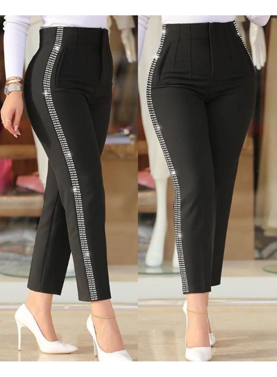 Kadın Yüksek Bel Yanlardan Taş Detaylı Ithal Krep Pantolon