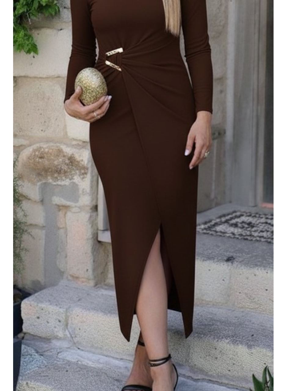 Kadın Uzun Kollu önden çapraz Detaylı Yandan Toka Detaylı Uzun Sandy Elbise