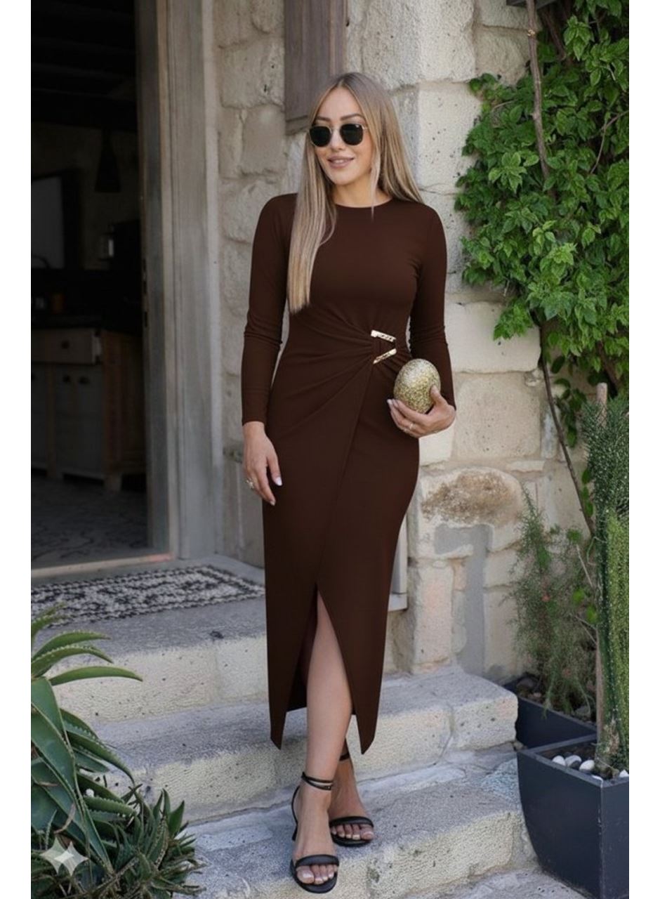 Kadın Uzun Kollu önden çapraz Detaylı Yandan Toka Detaylı Uzun Sandy Elbise