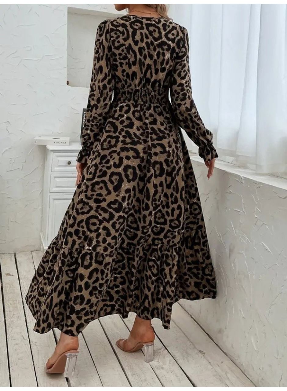 Kadın Uzun Kollu Kruvaze Yaka Leopar Desenli Uzun Süprem Elbise