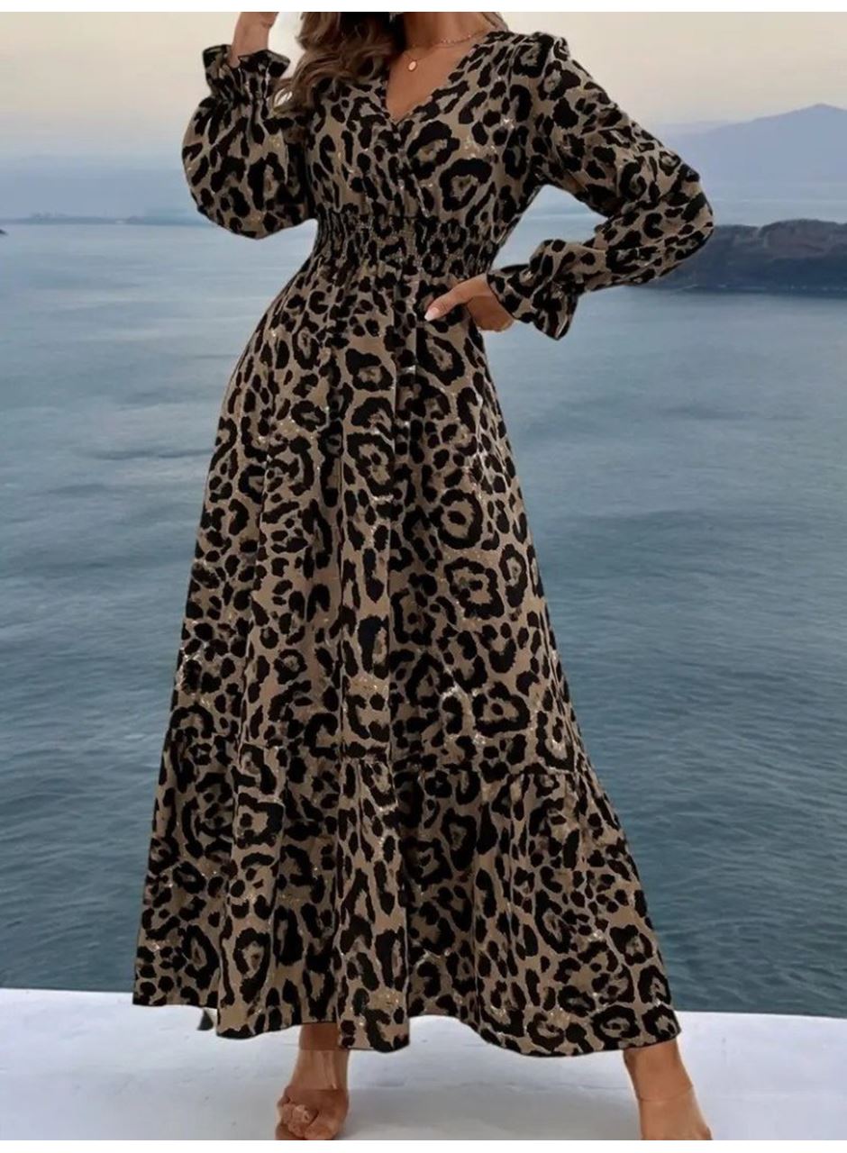 Kadın Uzun Kollu Kruvaze Yaka Leopar Desenli Uzun Süprem Elbise