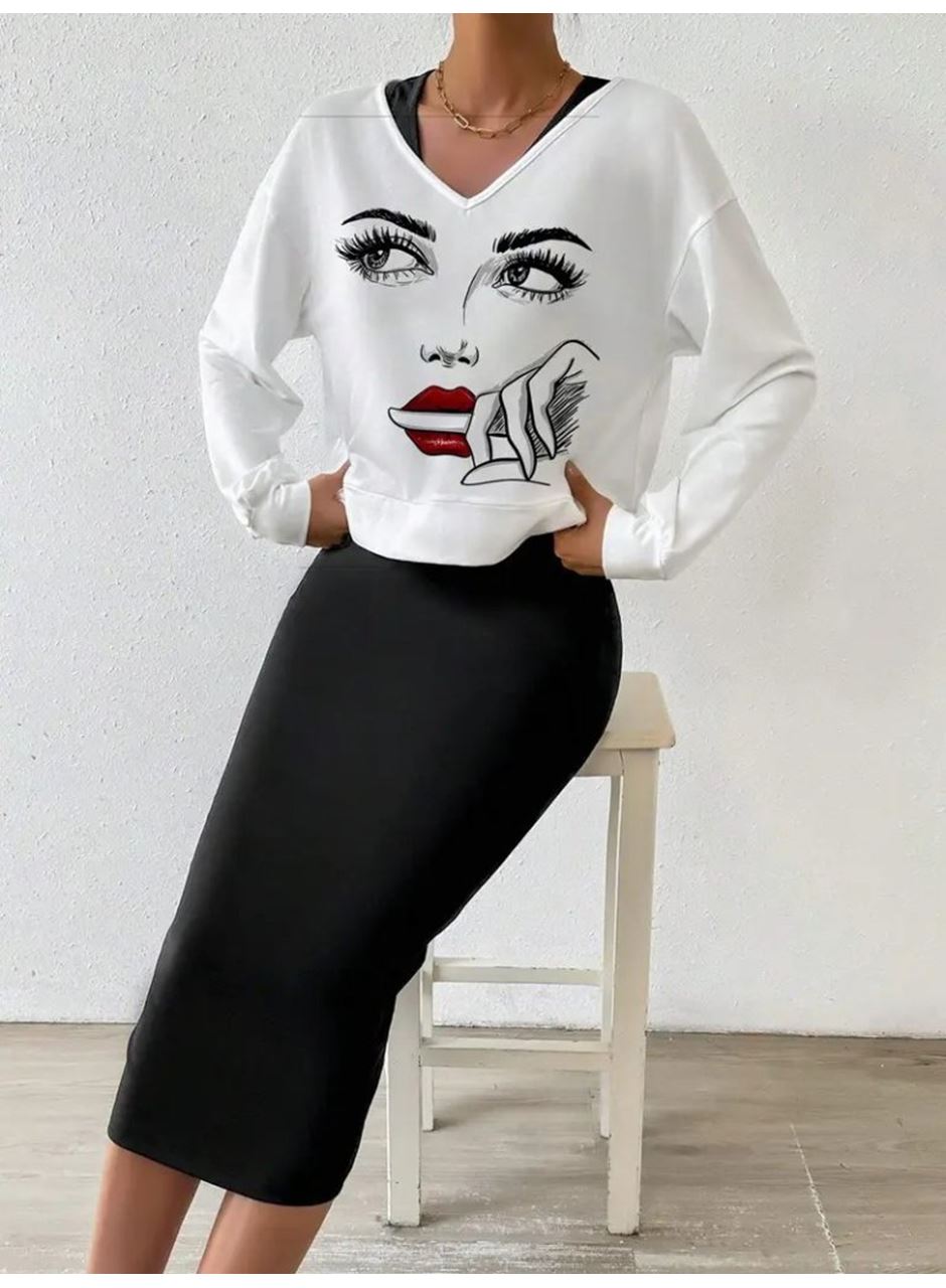 Kadın Askılı Yuvarlak Yaka Viskon Iki Iplik Elbise Ve V Yakalı Bluz Ikili Takım