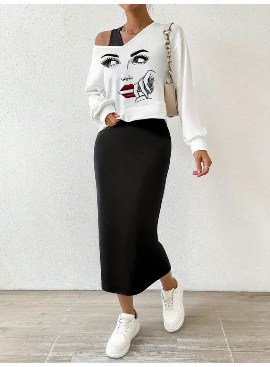 Kadın Askılı Yuvarlak Yaka Viskon Iki Iplik Elbise Ve V Yakalı Bluz Ikili Takım