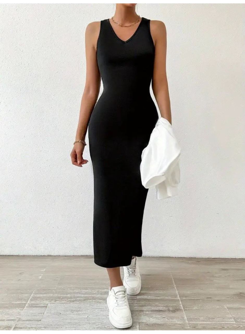 Kadın Askılı Yuvarlak Yaka Viskon Iki Iplik Elbise Ve V Yakalı Bluz Ikili Takım