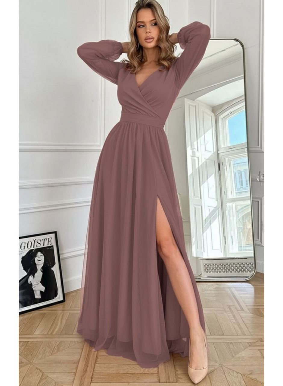 Kadın Uzun Kollu Kruvaze Yakalı Belden Kuşaklı Tüllü Uzun Ithal Krep Elbise