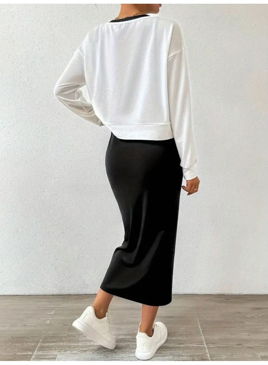 Kadın Askılı Yuvarlak Yaka Viskon Iki Iplik Elbise Ve V Yakalı Bluz Ikili Takım