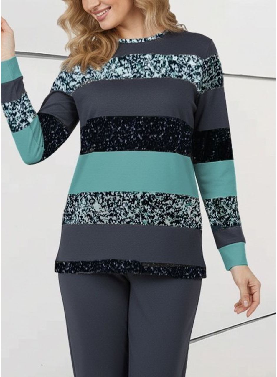 Kadın Uzun Kollu Bisiklet Yaka çizgili Desen Iki Iplik Bluz Ve Pantolon Ikili Takım