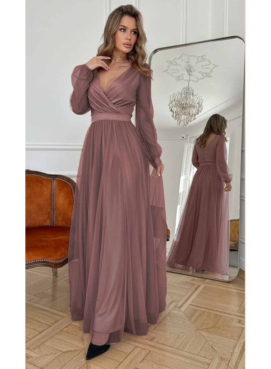 Kadın Uzun Kollu Kruvaze Yakalı Belden Kuşaklı Tüllü Uzun Ithal Krep Elbise