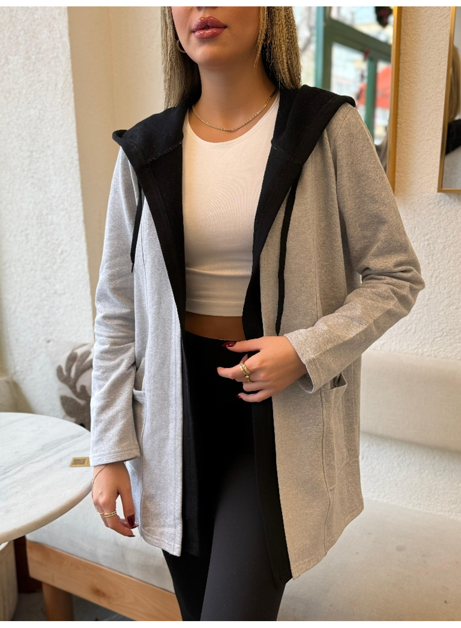 Kadın Uzun Kollu Kapşonlu çift Renkli şardonlu Iki Iplik Ceket