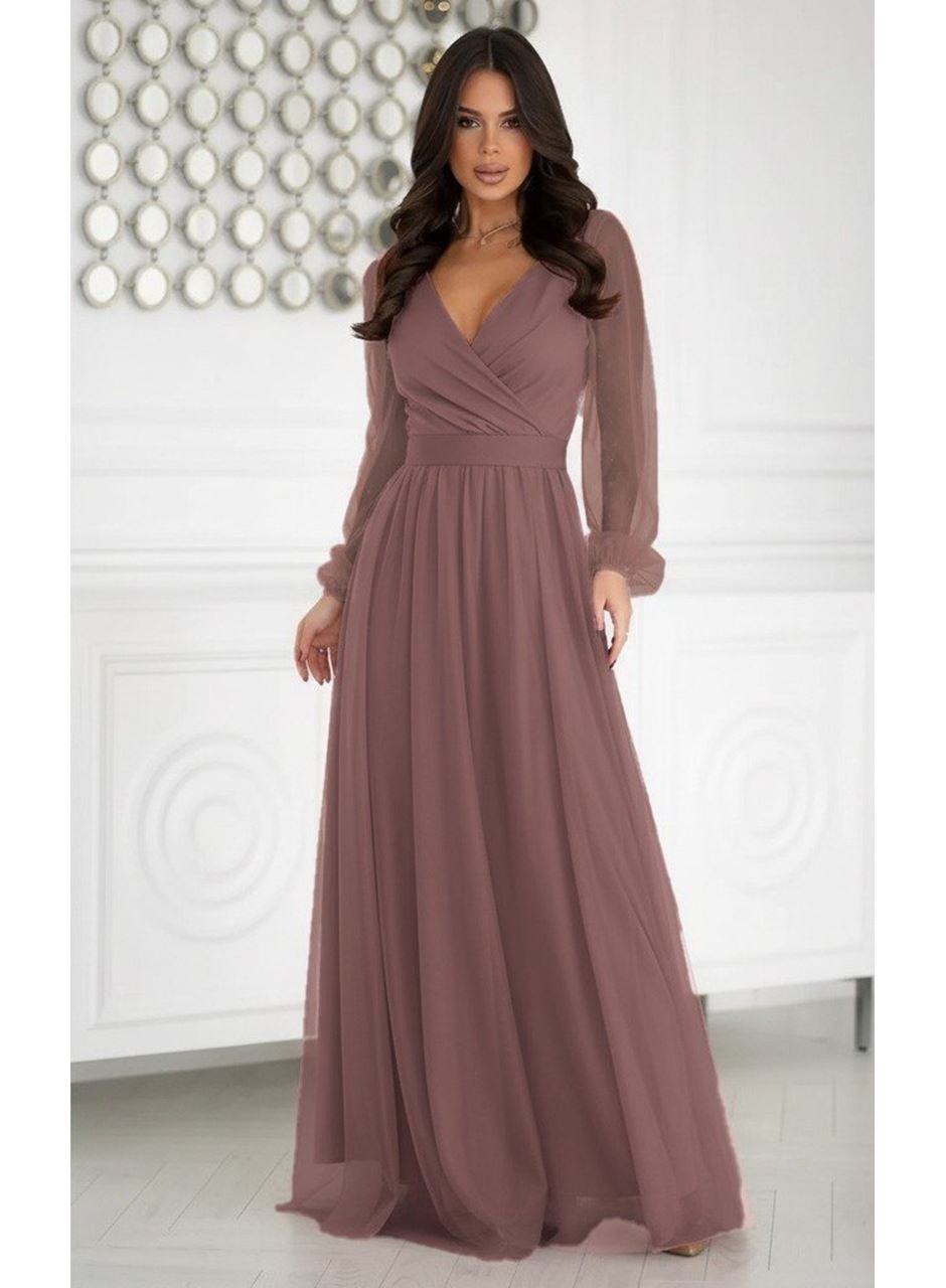 Kadın Uzun Kollu Kruvaze Yakalı Belden Kuşaklı Tüllü Uzun Ithal Krep Elbise