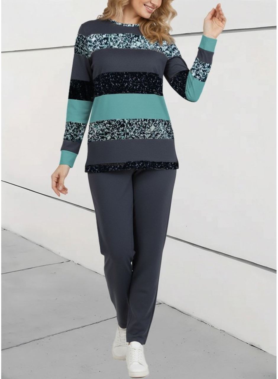 Kadın Uzun Kollu Bisiklet Yaka çizgili Desen Iki Iplik Bluz Ve Pantolon Ikili Takım