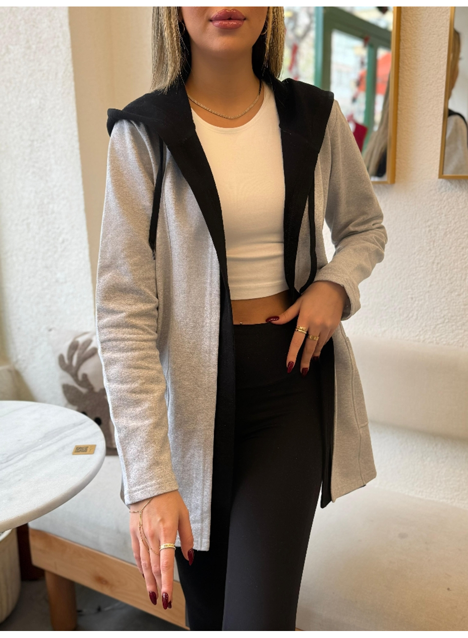 Kadın Uzun Kollu Kapşonlu çift Renkli şardonlu Iki Iplik Ceket