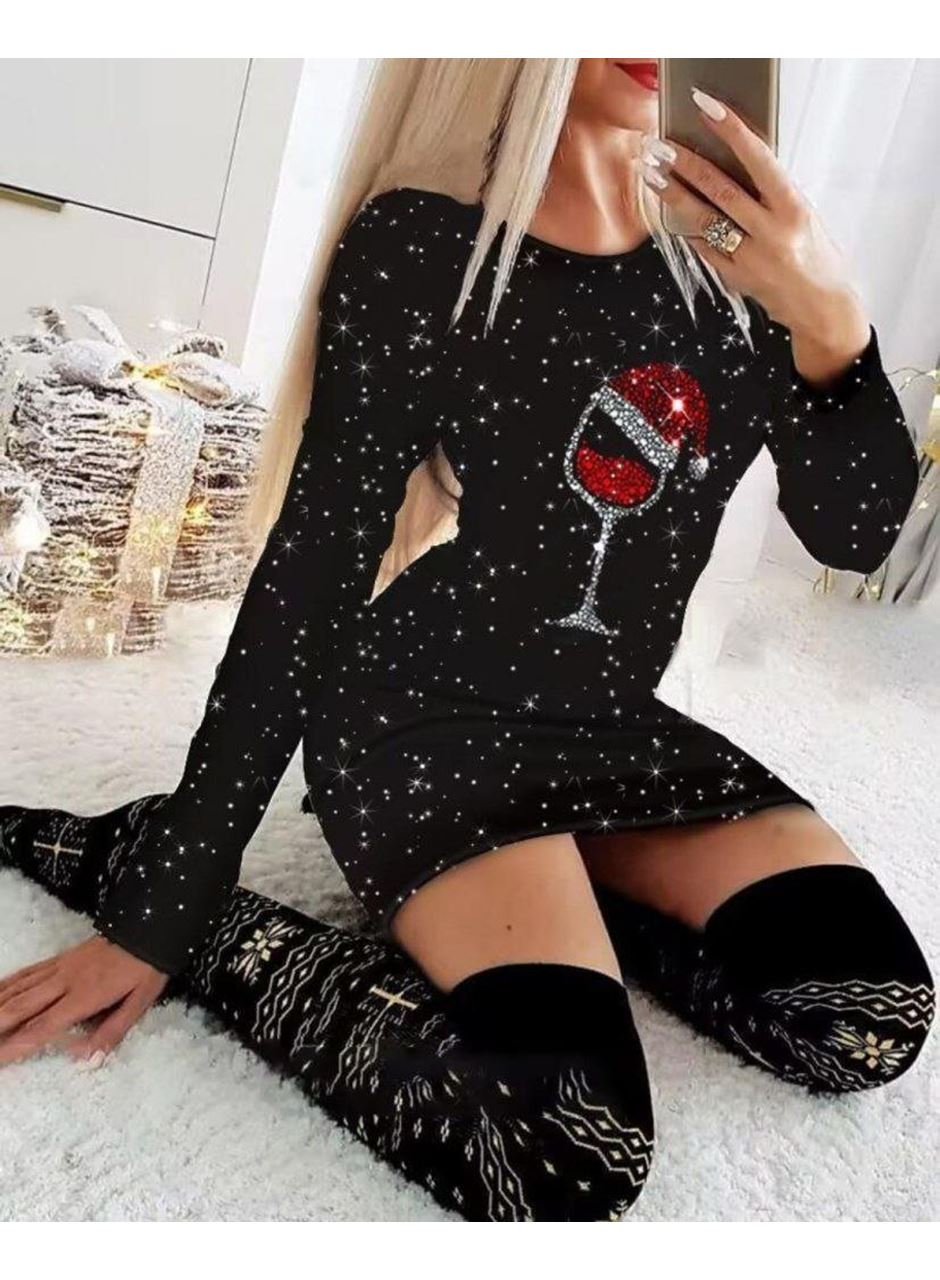 Kadın Uzun Kollu Taş Kadeh Baskı Dalgıç Mini Boy Elbise