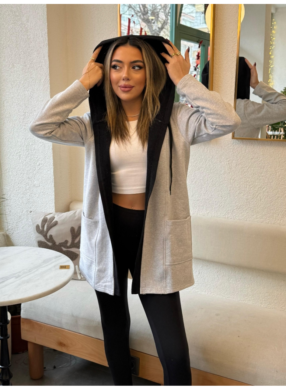 Kadın Uzun Kollu Kapşonlu çift Renkli şardonlu Iki Iplik Ceket