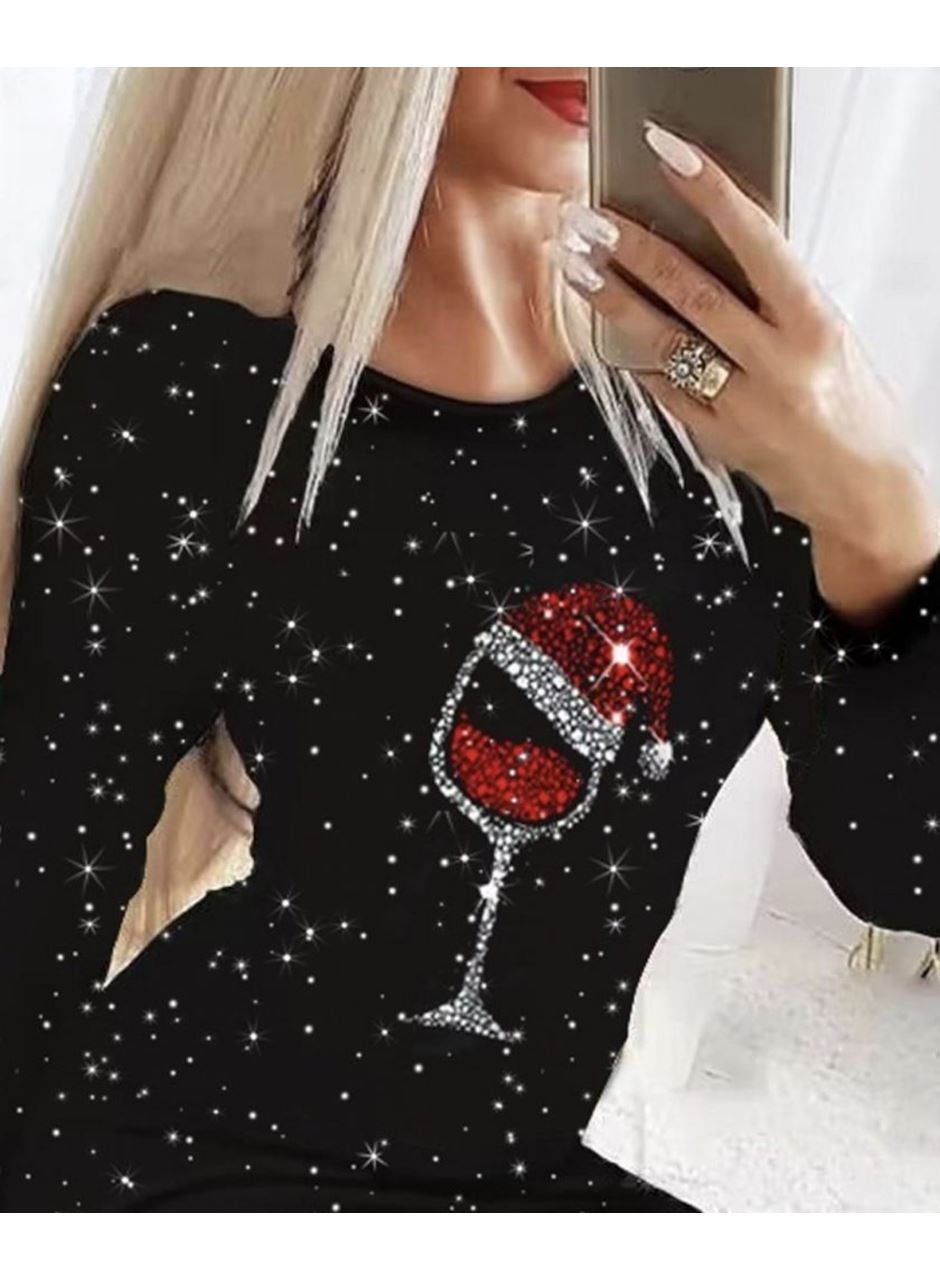 Kadın Uzun Kollu Taş Kadeh Baskı Dalgıç Mini Boy Elbise