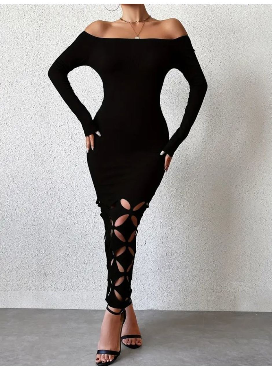 Kadın Madonna Yaka Uzun Kollu Lazer çiçek Kesim Detaylı Uzun Ithal Krep Elbise