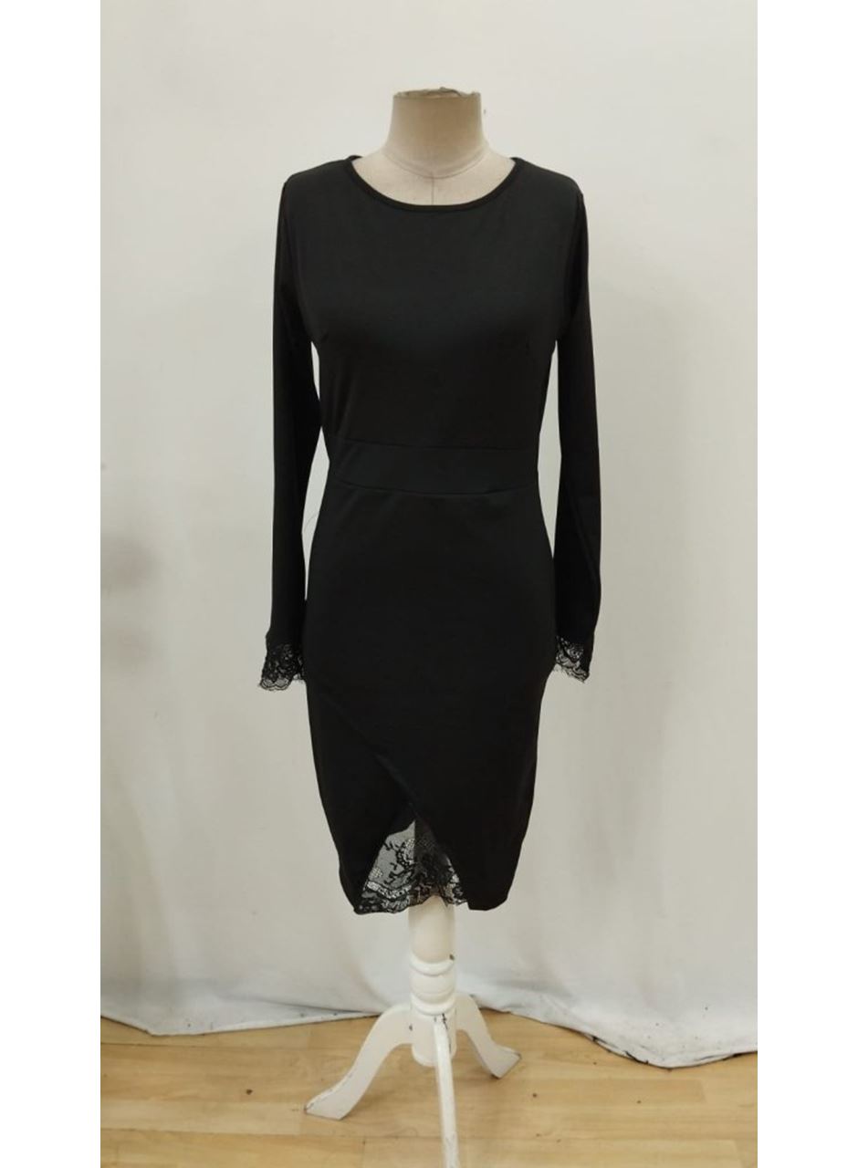 Kadın Uzun Kollu Bisiklet Yaka önden Dantel Ve Yırtmaç Detaylı Dalgıç Elbise