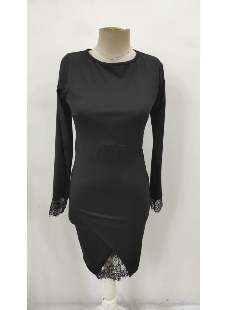 Kadın Uzun Kollu Bisiklet Yaka önden Dantel Ve Yırtmaç Detaylı Dalgıç Elbise