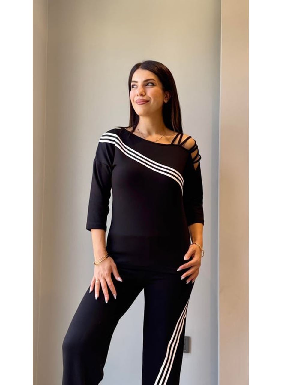 Kadın Uzun Kollu Truvakar Kol Tek Omuz çapraz şerit Detaylı Ribanalı Viskon Iki Iplik Bluz Ve Pantolon Ikili Takım