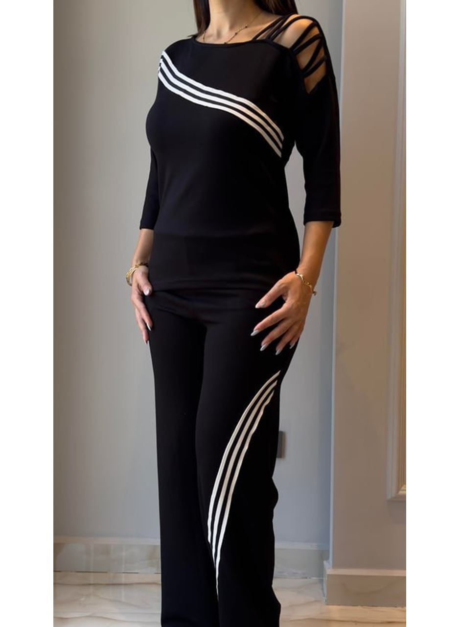 Kadın Uzun Kollu Truvakar Kol Tek Omuz çapraz şerit Detaylı Ribanalı Viskon Iki Iplik Bluz Ve Pantolon Ikili Takım