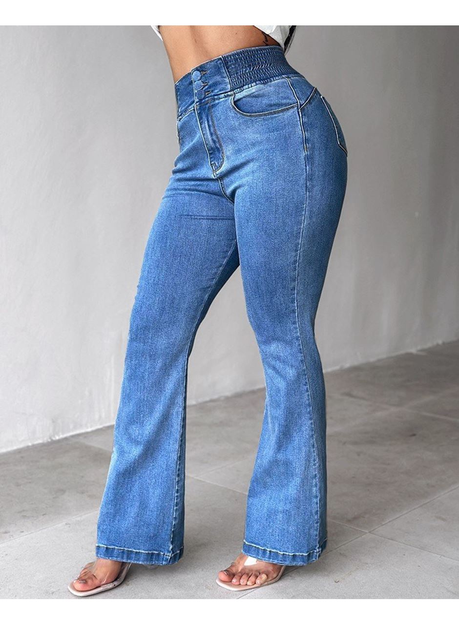 Kadın Yüksek Bel Yanları Lastik önü Düğmeli Kot Pantolon