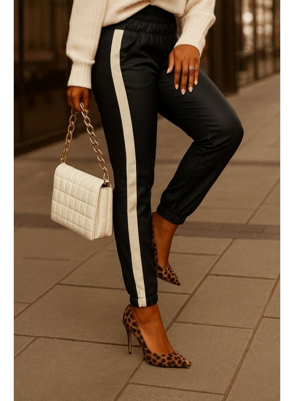 Kadın Yüksek Bel Lastikli Yan şerit Detaylı Deri Pantolon