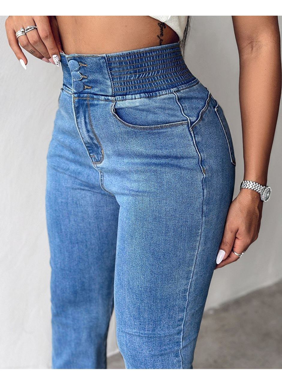 Kadın Yüksek Bel Yanları Lastik önü Düğmeli Kot Pantolon