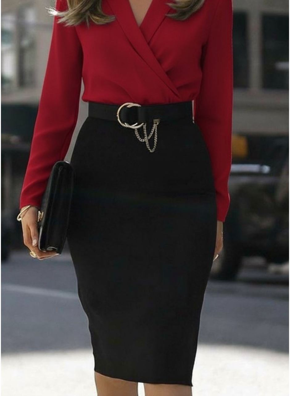 Kadın Uzun Kollu Kruvaze Yaka Janjan Krep Midi Elbise