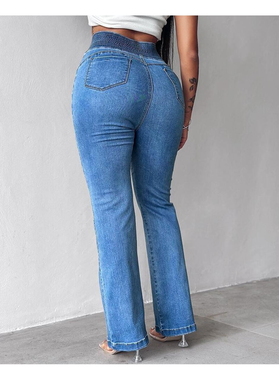 Kadın Yüksek Bel Yanları Lastik önü Düğmeli Kot Pantolon